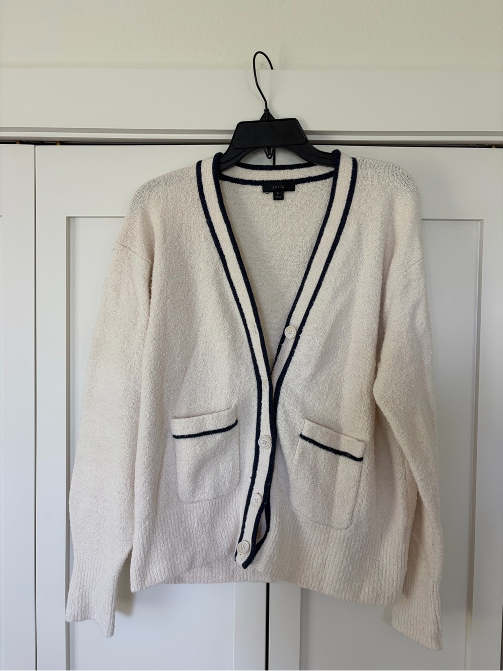 J. Crew Ivory Cardigan with Navy Trim - Women's Sweater